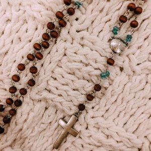 Wood Turquoise Silver Cross Necklace